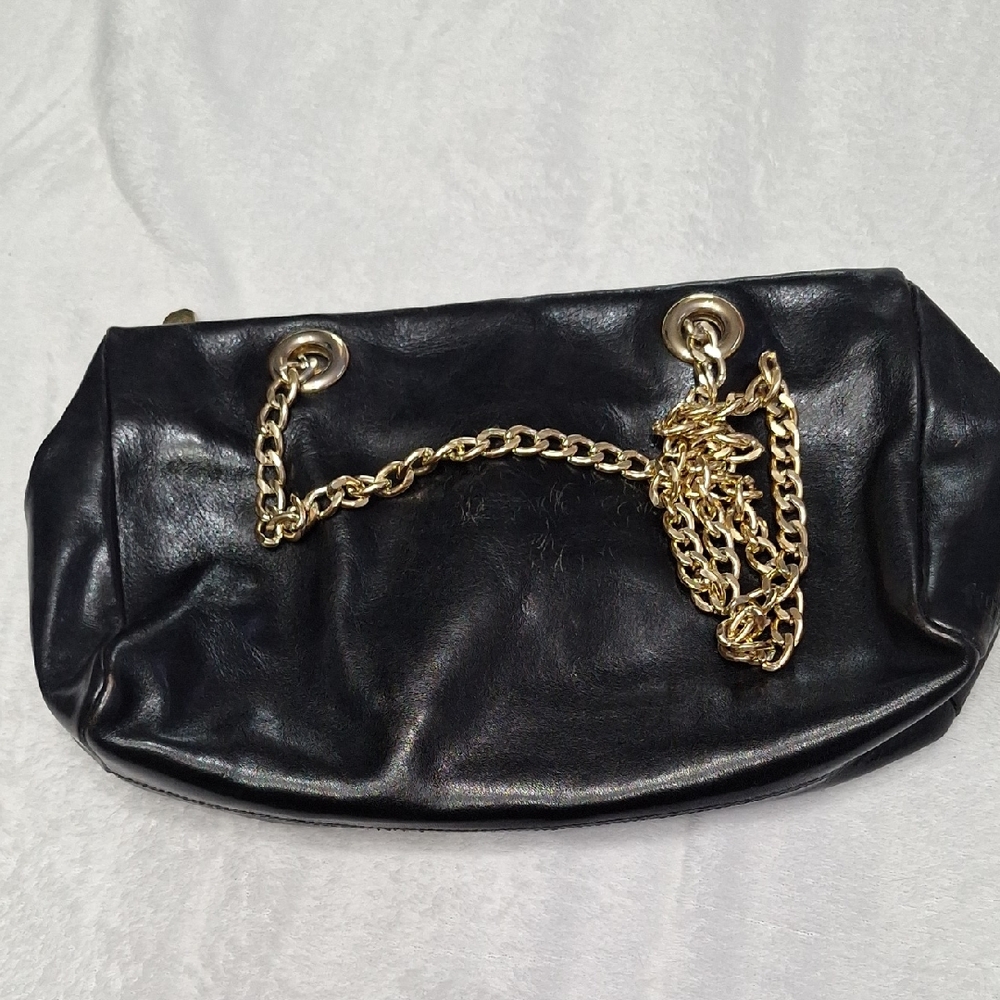 Furla Black Leather Shoulder Bag with Gold Chain